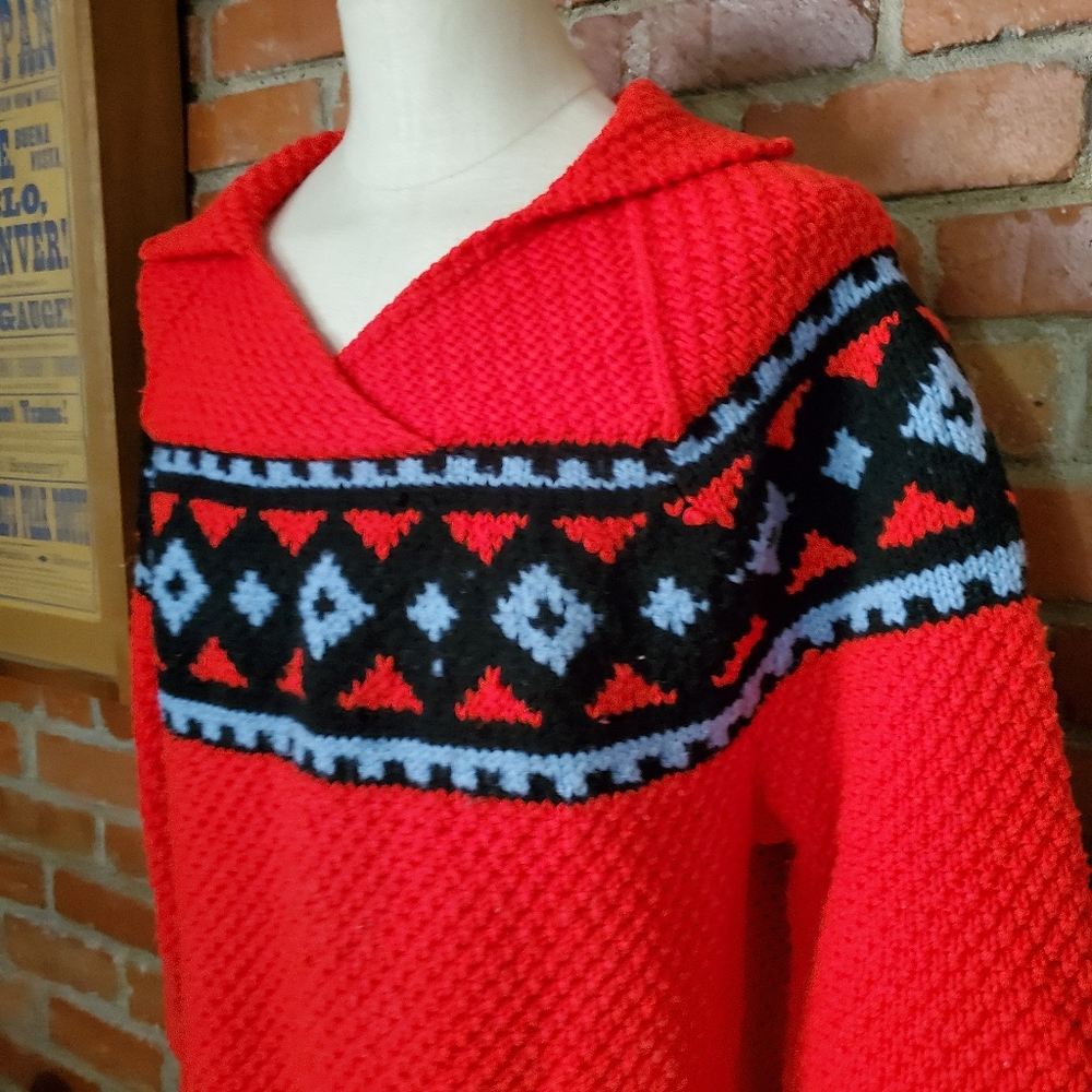 Vintage 70s Handknit Sweater Red Blue Nordic